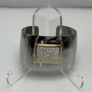 Stainless Steel Cuff Bracelet Pave Rhinestone Gold Tone Contrast Center Sz 6.25